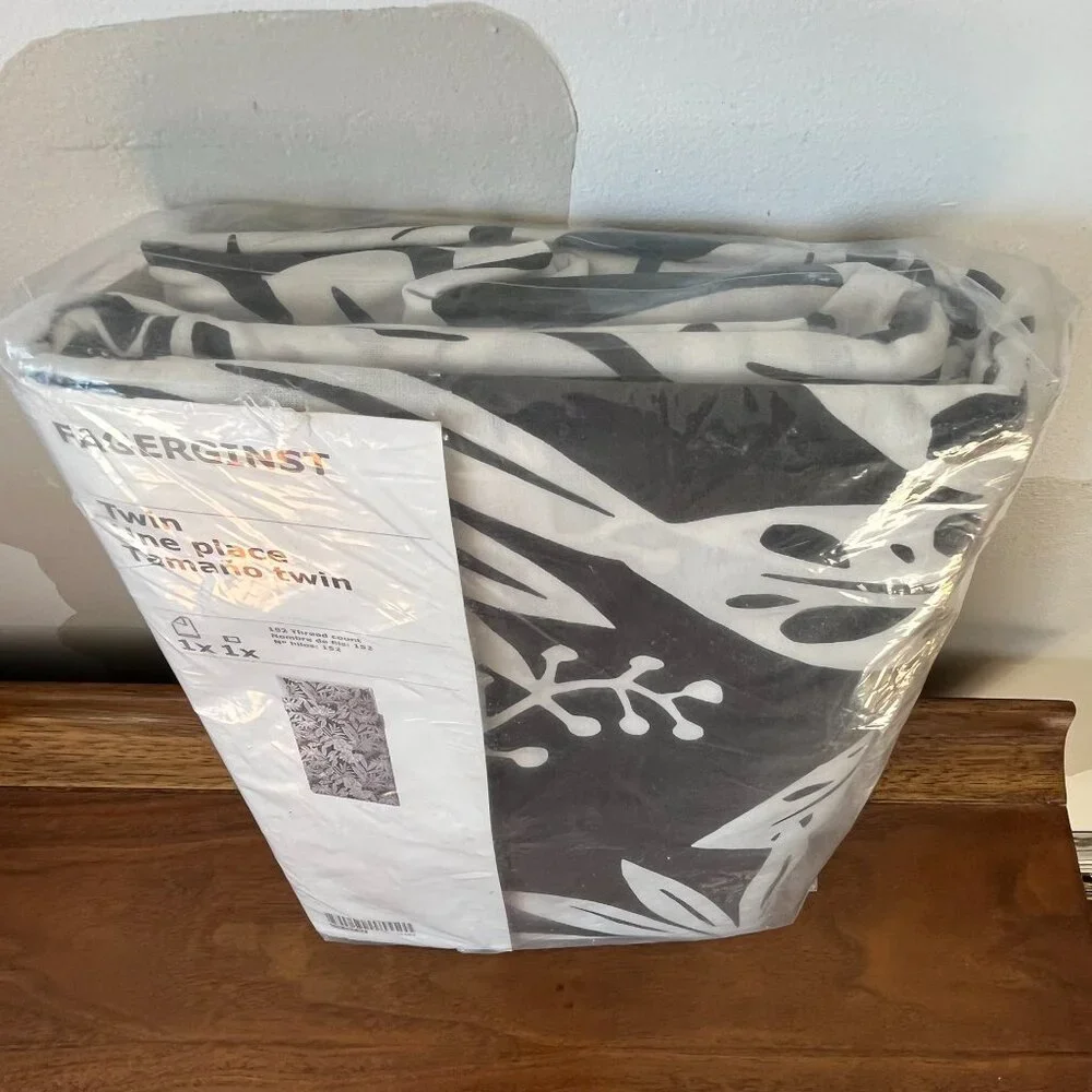 New IKEA Fagerginst Twin Duvet Cover & Pillowcase Set Black White Leaf Cotton